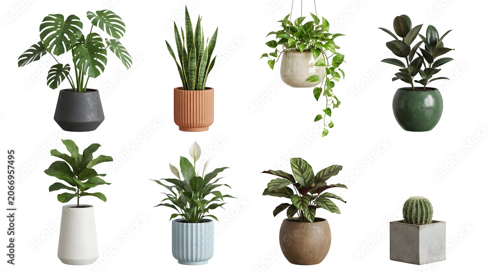 Fototapeta premium Eight different potted plants on a transparent background