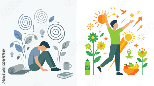 Illustration of two contrasting scenes: a stressed person sitting with a laptop surrounded by gray swirls and leaves, and another person gardening with vibrant flowers and sun.