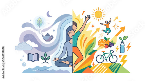 Vibrant illustration of two people meditating and celebrating with various eco-friendly and healthy lifestyle icons around them on a white background with a mix of warm and cool colors.