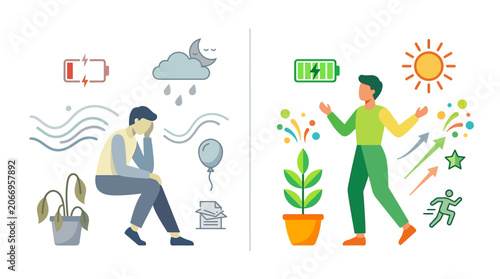 Illustration of a man with low battery on the left and a man with full battery on the right with green plant and sunny background.