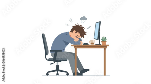Illustration of a stressed man sitting at a desk with his head in his hands in front of a computer monitor with a frustrated expression and storm cloud above.