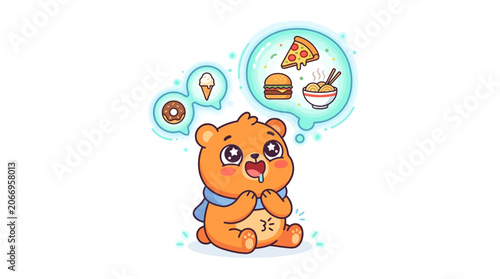 Cartoon bear thinking about food with a thought bubble containing a pizza, donut, and burger on a white background.