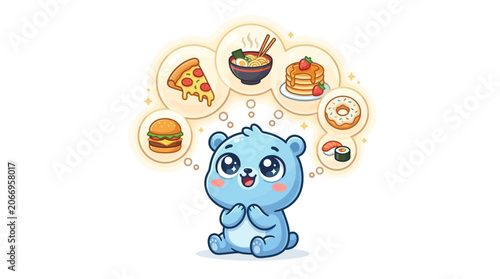 A cartoon blue hamster thinking about a hamburger, pancakes, and a bowl of food while sitting on a white background with a cute and hungry expression.