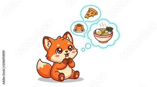 A cartoon orange fox with a thought bubble containing sushi and a bowl of noodles against a clean white background.