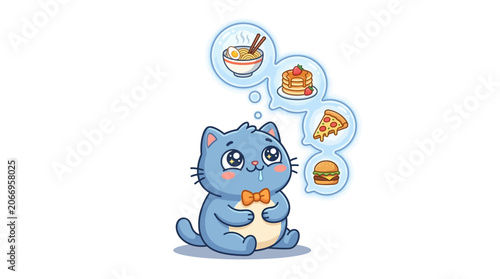 A blue cartoon cat with an orange bow tie sitting on a white background thinking about food.