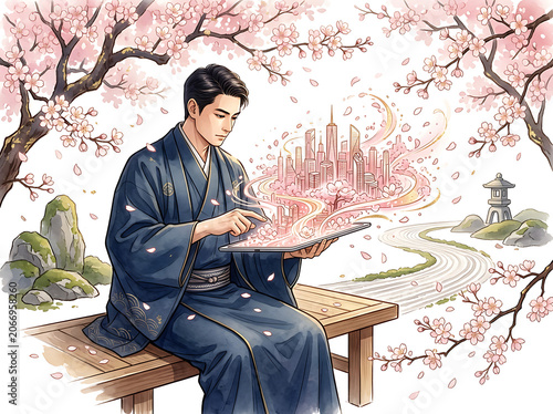 Woman working on laptop in serene garden setting.
