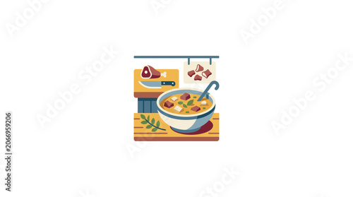 Konstfotografi Hearty Stew in Bowl with Meat and Herbs, Food Preparation Scene