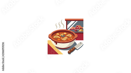Obraz na plátně Hearty Stew in Bowl with Meat Display and Knife, Comfort Food Illustration