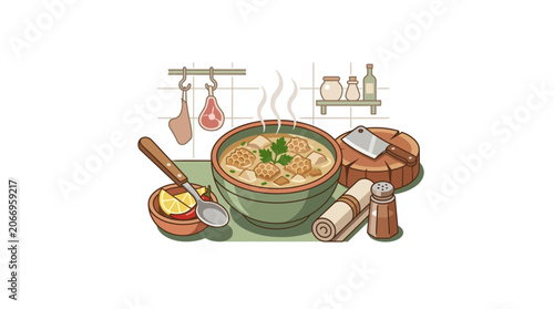 Canvastavla Hearty Stew Dish with Fresh Ingredients and Kitchen Utensils