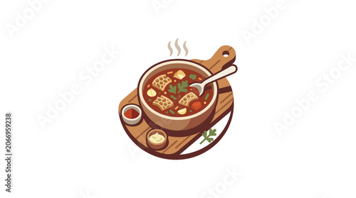 Cuadro en lienzo Hearty Stew Served in Bowl with Spoon and Condiments on Wooden Board