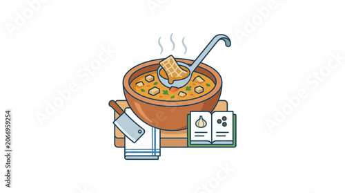 Quadro em tela Hearty Stew Soup Bowl with Ladle, Recipe Book, and Chopping Board