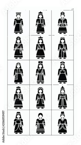 Collection of Traditional Folk Costumes in Black and White.