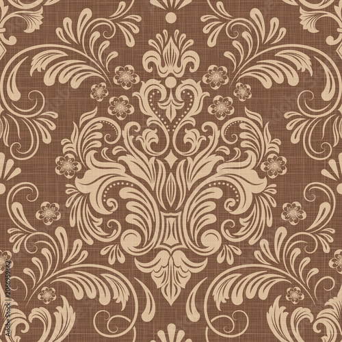 Warm Brown Floral Damask Seamless Pattern with Beige Ornamental Scrolls