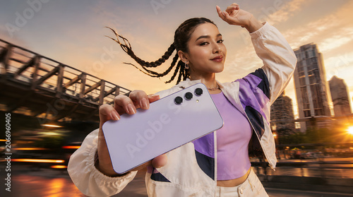 Energetic Young Woman Holding Smartphone in Dynamic Urban Motion Scene