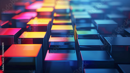 Cinematic neon lighting with realistic reflections and futuristic depth. Abstract geometric cube grid with glowing blocks representing digital transformation, artificial intelligence and data connecti