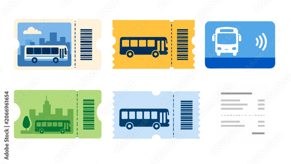 Obraz premium Bus tickets, transit card and receipt in flat vector style