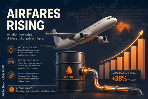 Airfares are rising due to aviation fuel crisis and geopolitical tensions impacting ticket prices.