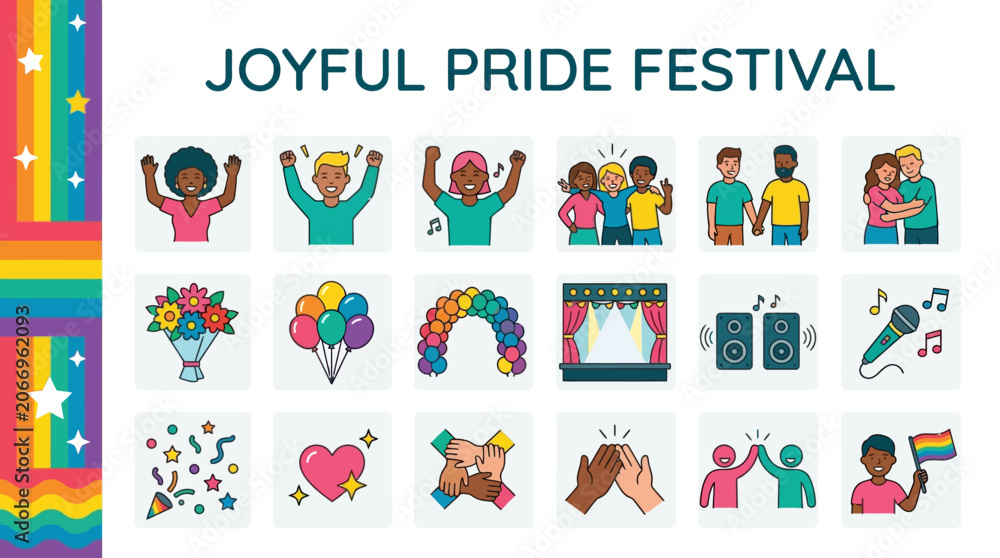 Fototapeta premium Joyful Pride Festival Icons Collection Celebrating Diversity, Inclusivity, and LGBTQ+ Community with Vibrant Graphics for Your Projects