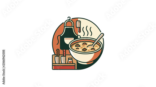 Foto Hot Soup Bowl with Ingredients and Kitchen Utensils, Comfort Food Illustration