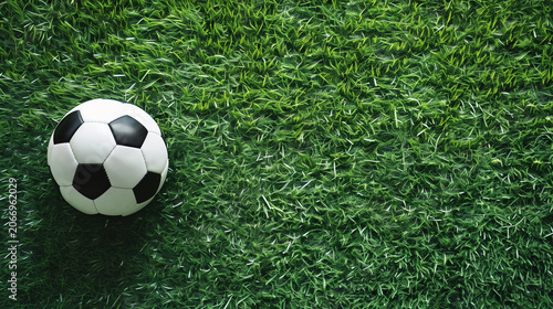 Natural outdoor lighting with realistic grass texture and copy space. Classic black and white soccer ball resting on green football field. Sports background concept for tournament, training and recrea