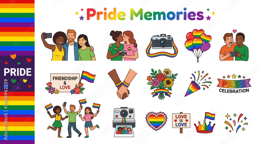 Fototapeta premium Pride Memories flat vector icon set with colorful elements of celebration, love, friendship, and joy, perfect for LGBTQ+ events and designs