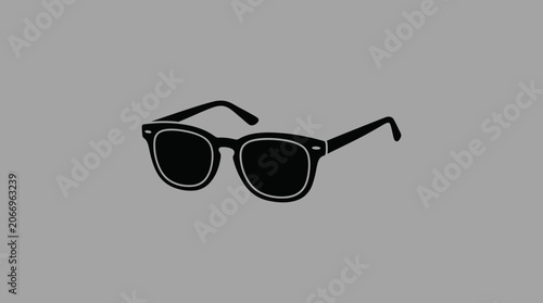 A black illustration of sunglasses on a gray background with white outlines.