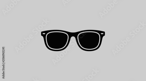 A pair of black sunglasses with white outline on a gray background illustration.