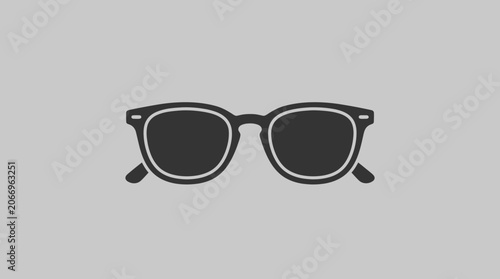 A stylish illustration of sunglasses with dark lenses on a light gray background.