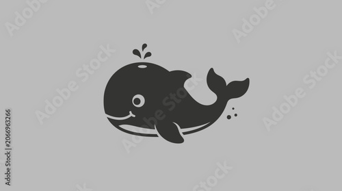 A black illustration of a smiling whale swimming in water with droplets.