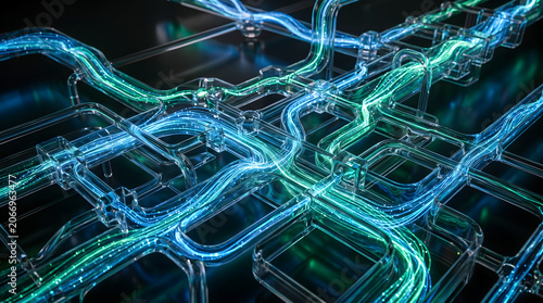 Abstract network of glowing blue and green data cables transmitting light through transparent conduits representing high-speed connectivity and technology.