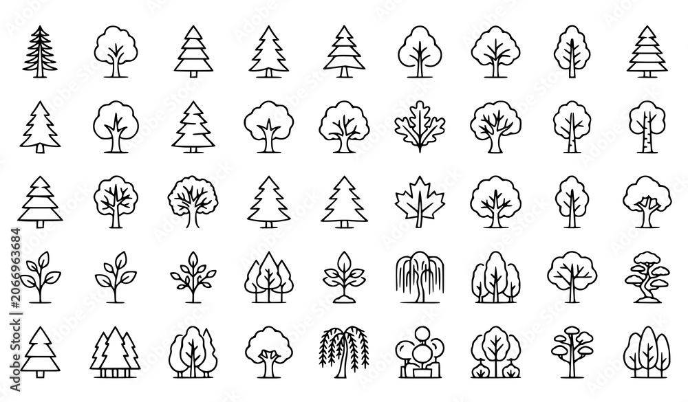 Fototapeta premium Minimal Tree Outline Icon Collection with Forest Woodland Nature Botanical and Landscape Design Elements