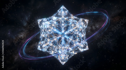 Intricate diamond geometric star polyhedron with glowing luminous energy circuits and swirling light trails in cosmic starry nebula background.