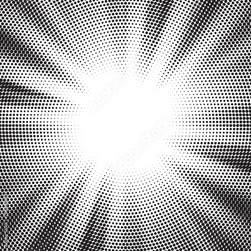 Halftone gradient sunburst background with radiating rays and fading dot texture. Monochrome vector pattern featuring pop art comic-style dots, starburst light effect, sunrise beams, shine, energy bur