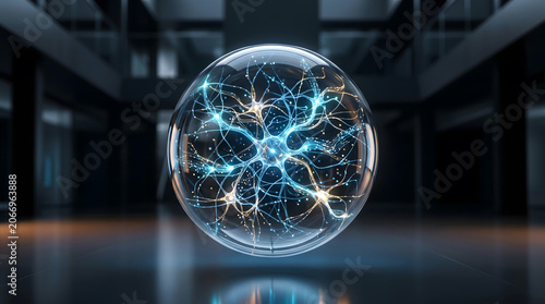 Abstract glowing neuron network inside clear glass sphere representing artificial intelligence and brain synapses in modern tech environment.
