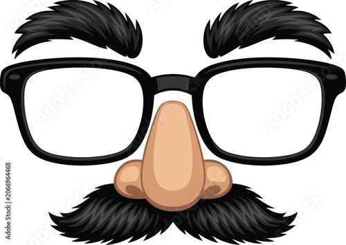 Fotografie Funny classic disguise with black frames, bushy eyebrows, fake nose and mustache posing on a bright white background
