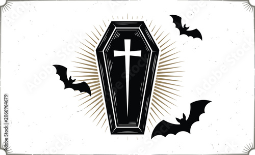 Φωτογραφία Detailed vintage gothic illustration of a black coffin with a cross and bats flying under a radiant mystical light