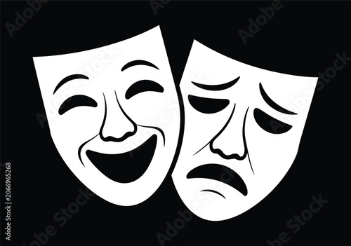 Classic comedy and tragedy theater masks illustrate a dramatic range of human emotions on a stark black background.