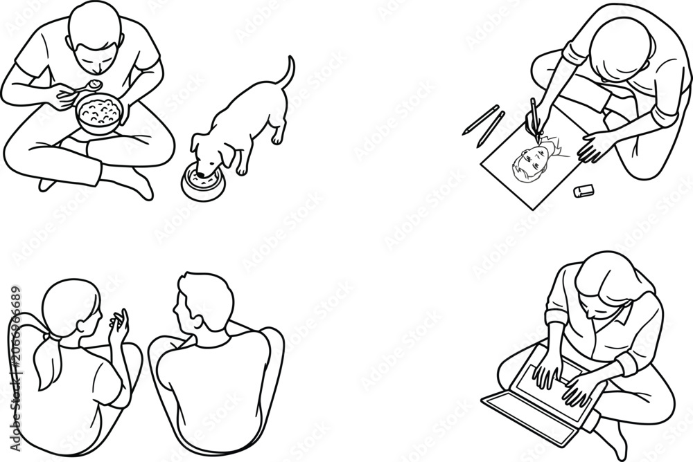 Fototapeta premium People sitting on floor performing daily activities including eating with pet drawing and working on laptop vector