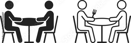People sitting at a table eating icon set, simple flat vector illustration for restaurant and dining concepts