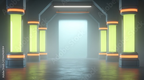 Futuristic Sci-Fi Corridor: A neon-lit, futuristic corridor with glowing yellow pillars and an illuminated doorway, evoking a sense of advanced technology and mystery.