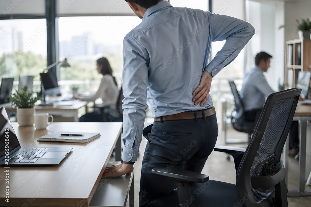 Fototapeta premium Man stretching back in modern office with colleagues working in background