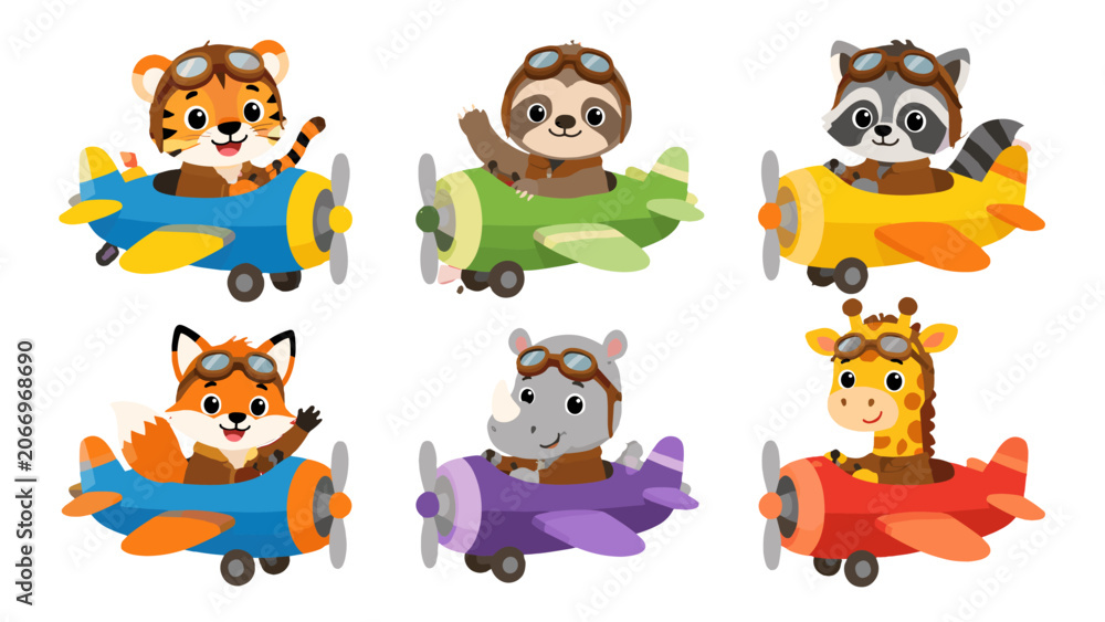 Fototapeta premium Cute cartoon baby animals flying colorful propeller airplanes