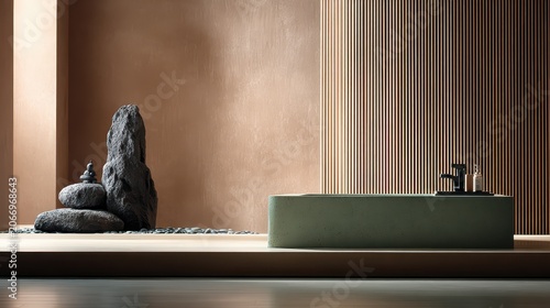 Zen Bathroom Oasis: A minimalist bathroom sanctuary featuring a serene stone arrangement and a sleek bathtub, creating an atmosphere of tranquility and relaxation.