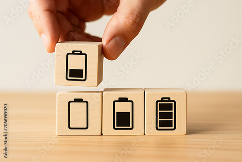 Wooden blocks displaying varying battery levels symbolize energy depletion and power management