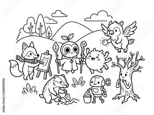 Cute cartoon animals in a playful group illustration.