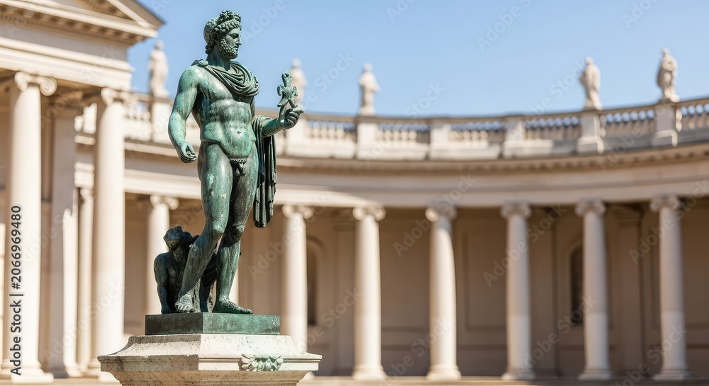 Obraz premium Ancient bronze sculpture stands on a weathered stone base within a historic city square, reflecting classical art and architectural beauty, traditional, statue, memorial