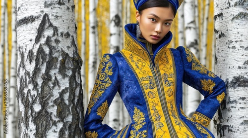 Royal Elegance: A regal East Asian woman stands against a backdrop of birch trees, adorned in a resplendent blue and gold traditional garment.
