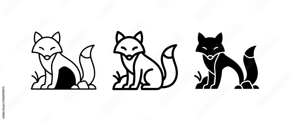 Fototapeta premium 3 Fox Icons, Simple Line Art & Silhouette, Cute Animal Graphics