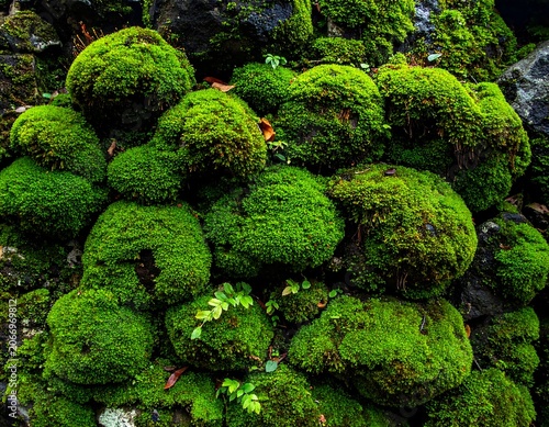 A close-up of a stone wall covered in vibrant green moss and lichen