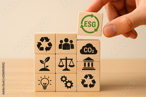 Building sustainable future esg factors with wooden blocks representing environmental responsibility